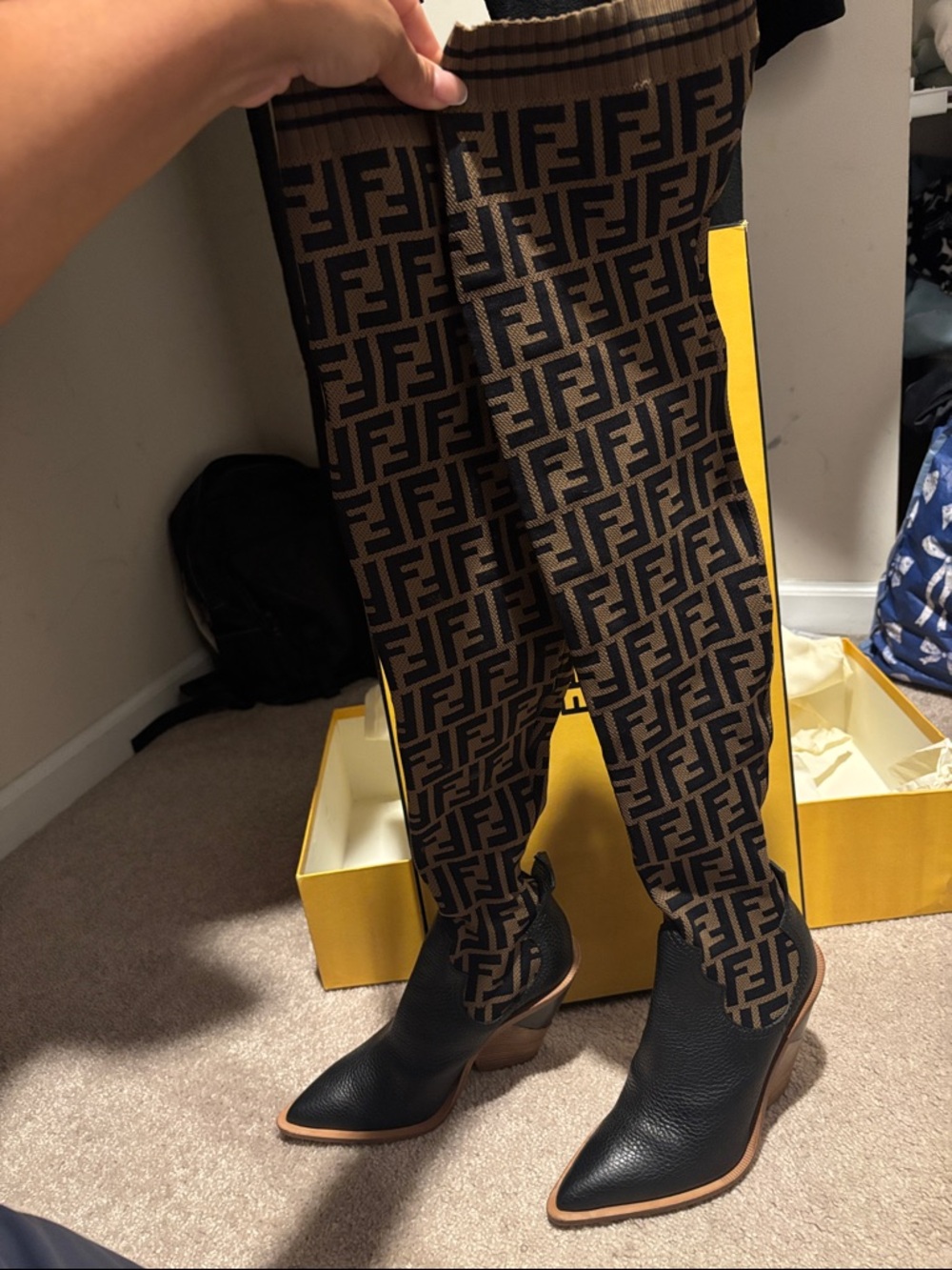 Fendi Brown and Black FF Logo Sock Boots